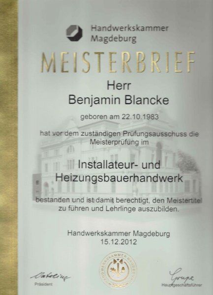 Meisterbrief Benjamin Blancke