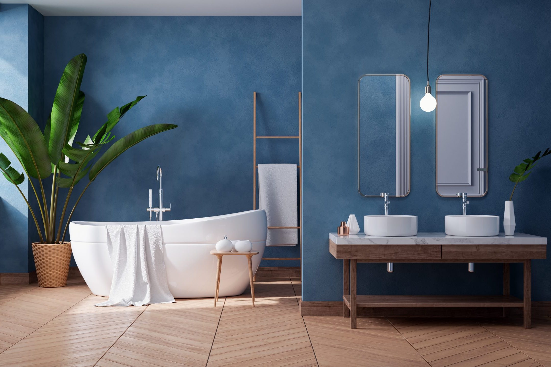 Stilvolles Badezimmer mit freistehender Badewanne und moderner Einrichtung